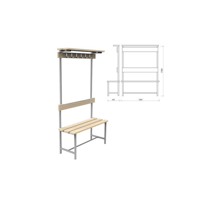 Скамья с вешалкой, спинкой и полкой "СВТ 7", 1760х1000х395 мм, 6 крючков, дерево, регулируемые опоры, каркас металлический серый главное фото